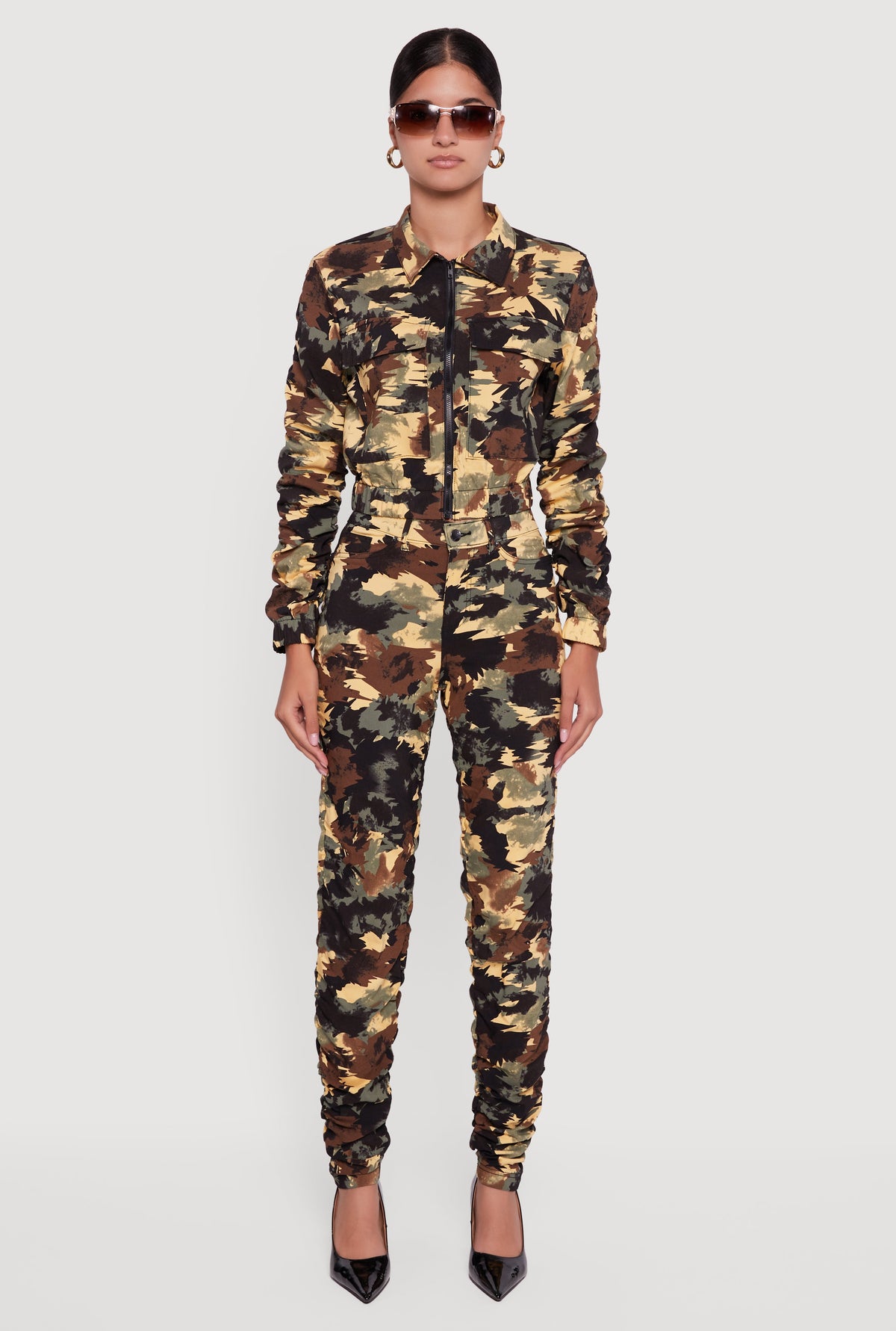 Zip Front Printed Pattern Ruched Sleeve Jacket