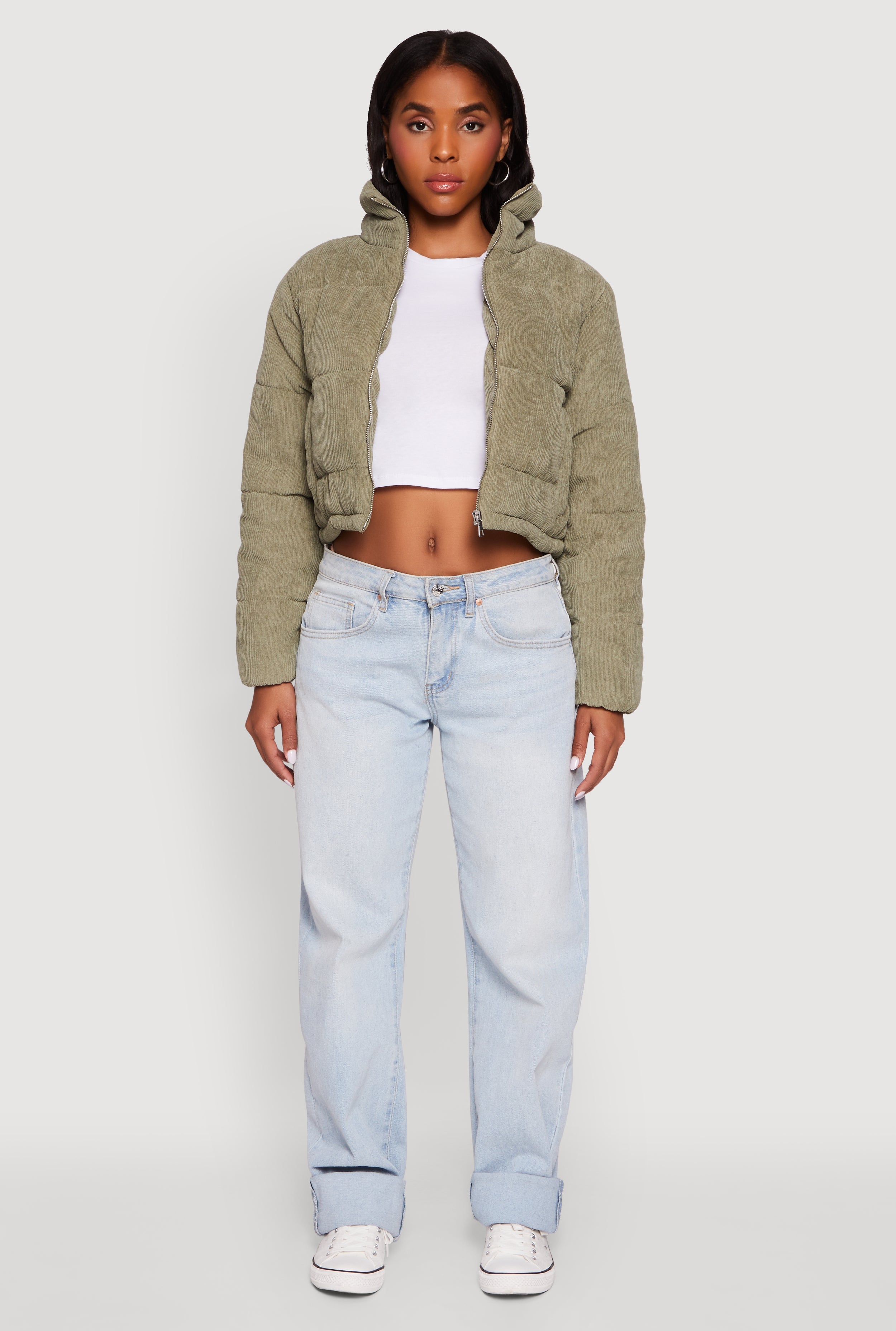 Mock Neck Zip Front Corduroy Puffer Jacket