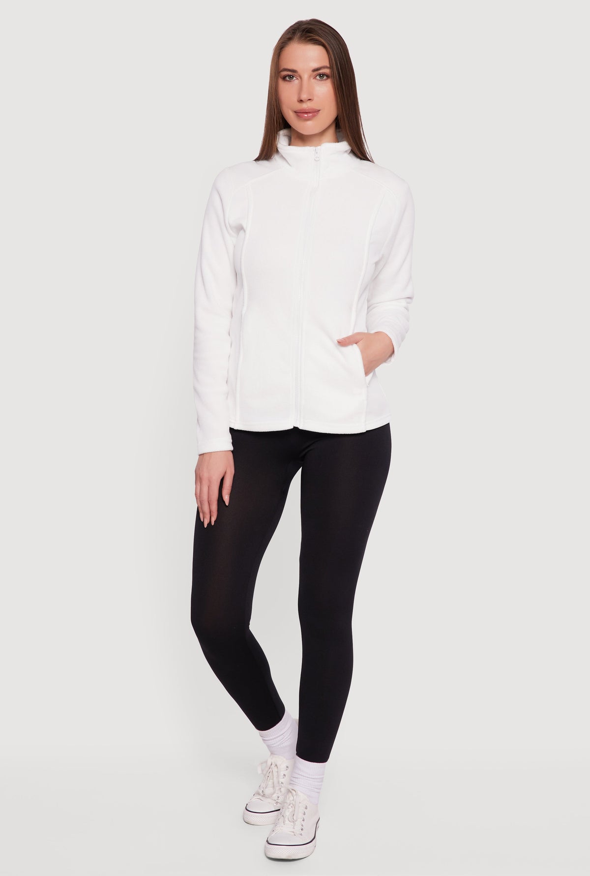 Fleece Zip Front Mock Neck Long Sleeve Jacket