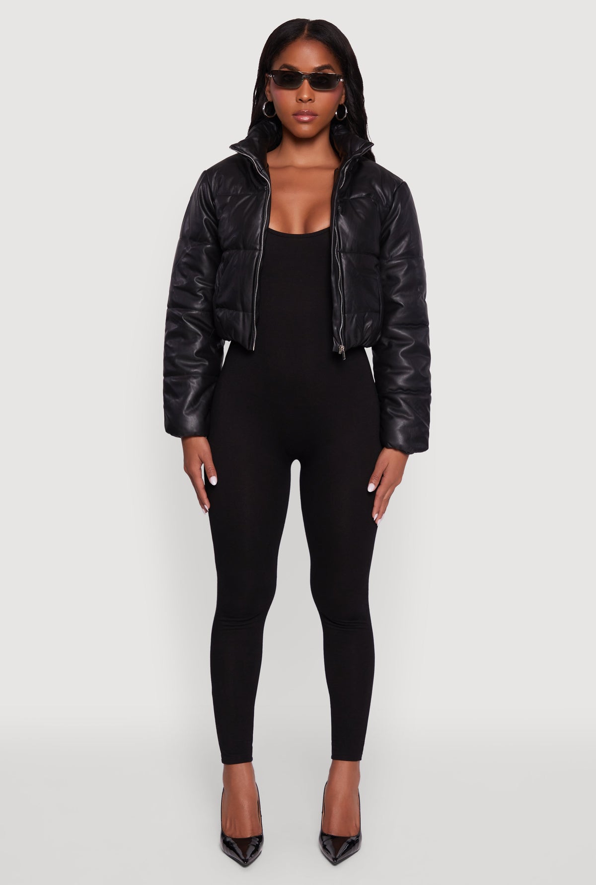 Cropped Faux Leather Puffer Jacket