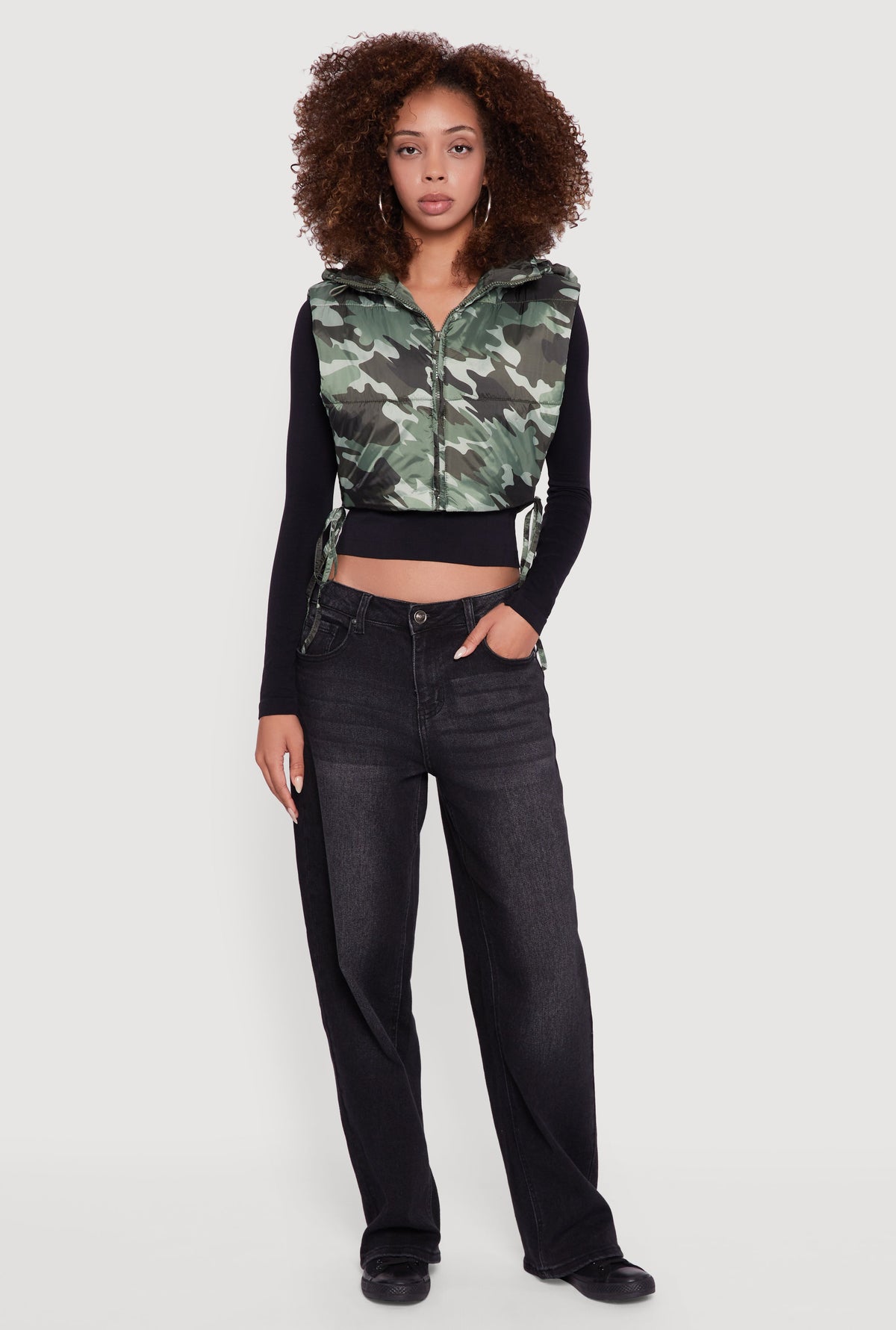 Hooded Cropped Puffer Vest with Open Tie Sides