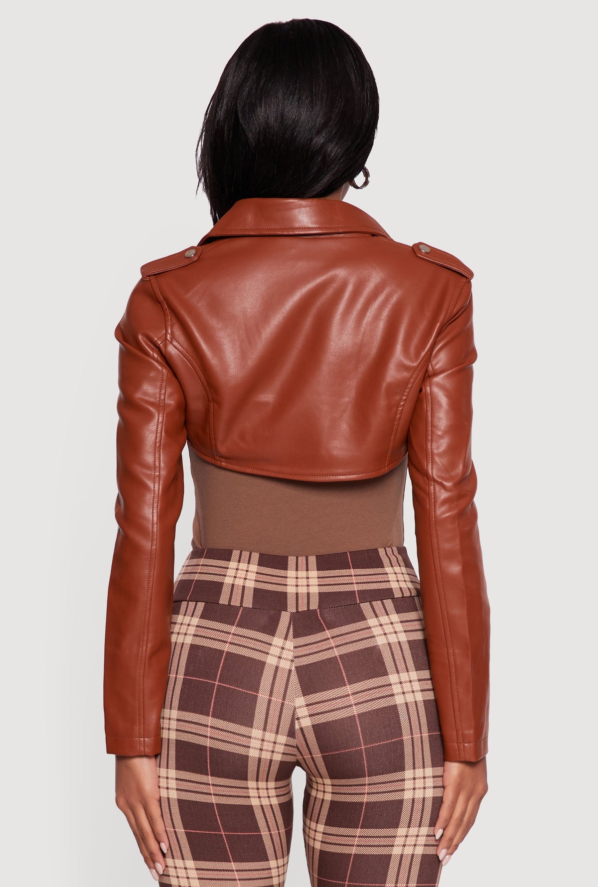 Faux Leather Cropped Moto Jacket with Belted Hem